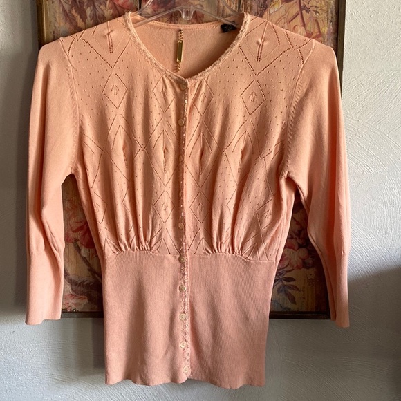 ABS STRETCH BODYCON CARDIGAN SWEATER PEACH BODYCON BEADED EMBELLISHED TOP M - Picture 1 of 12